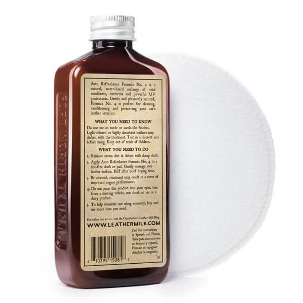 Chamberlain's Auto Refreshener No 4, back of the amber bottle showing directions label, with a white applicator pad