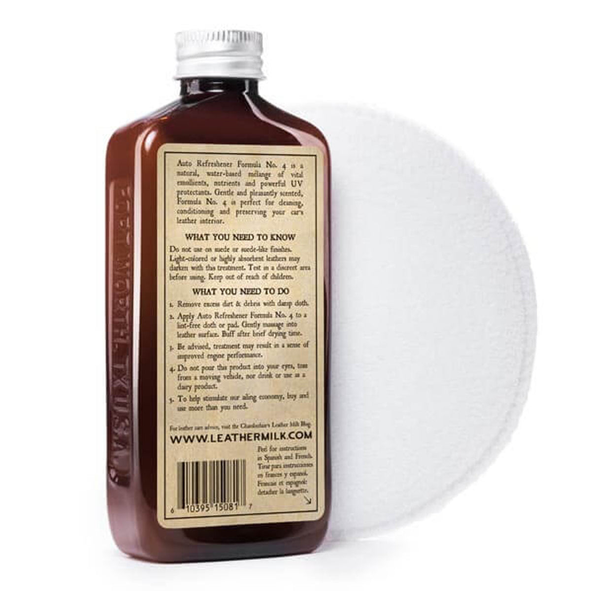 Chamberlain's Auto Refreshener No 4, back of the amber bottle showing directions label, with a white applicator pad