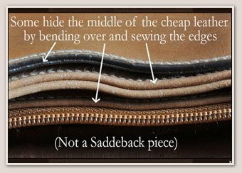 Close-up of stacked leather edges that have been folded over and stitched, with arrows pointing to them. The text reads: Some hide the middle of the cheap leather by bending over and sewing the edges (Not a Saddeback piece).