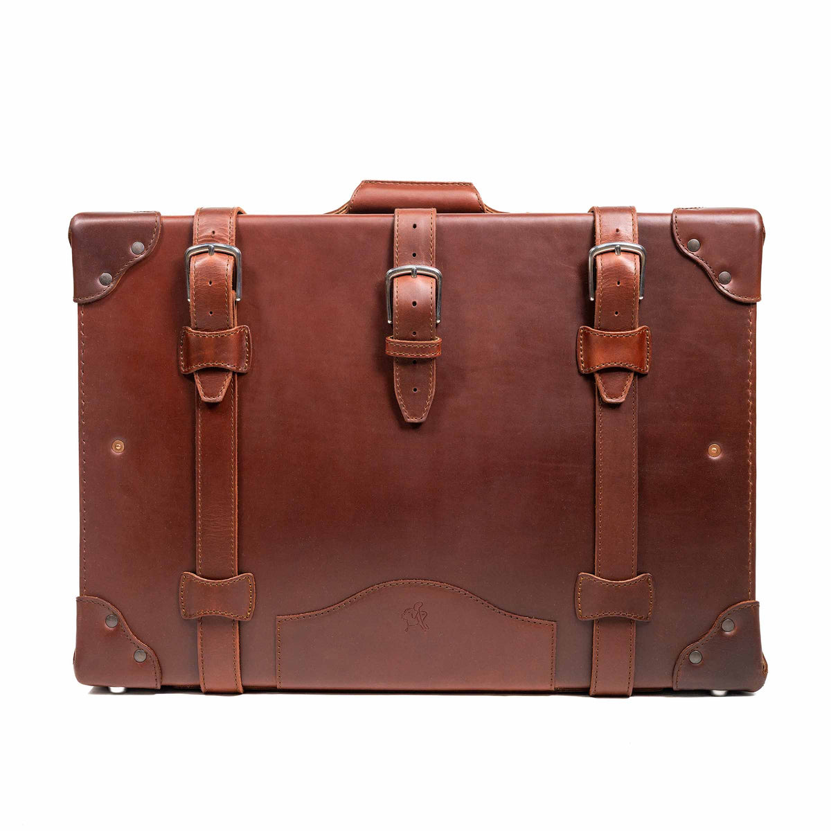 Grandfather Medium Suitcase in Chestnut, front view with three buckle straps and riveted corner caps