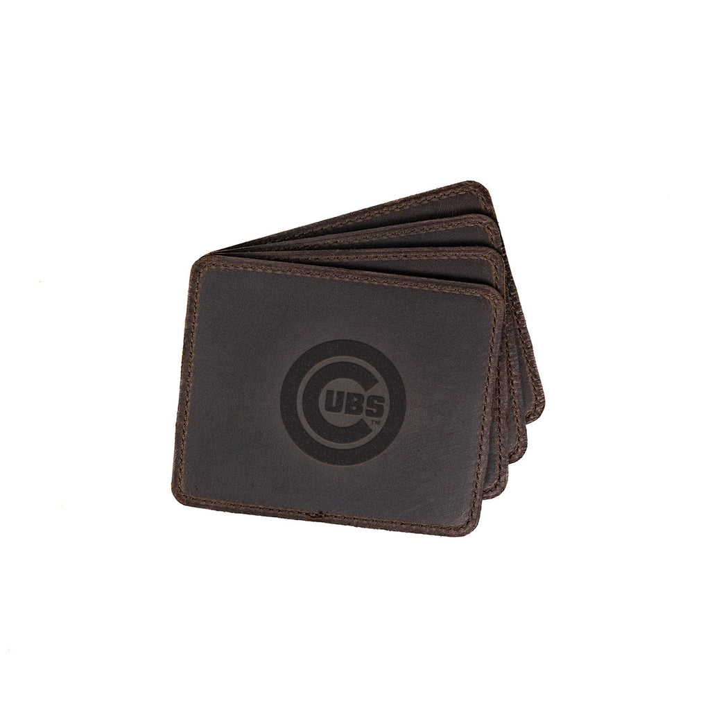 Chicago Cubs Leather Coaster Set in Dark Coffee Brown, four fanned coasters with embossed Cubs bullseye logo