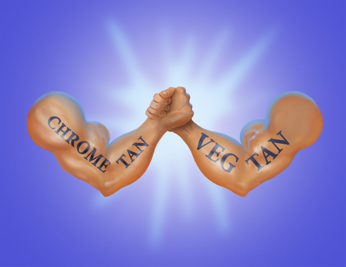 Illustration of two muscular arms locked in an arm-wrestling grip against a burst of light on a blue background, one tattooed CHROME TAN and the other VEG TAN.