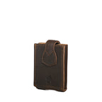 Leather Playing Cards Case in dark brown, closed back view with flap tab and embossed mascot
