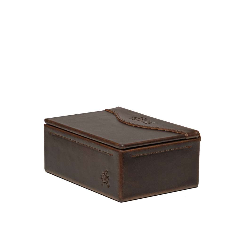 Small Organizer Box in Dark Coffee Brown, closed lid with embossed logo, angled side view