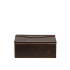 Small Organizer Box in Dark Coffee Brown, closed with embossed logo, straight-on front view