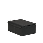 Small Organizer Box in Black, closed, angled back view showing the lid hinge and stitched seams