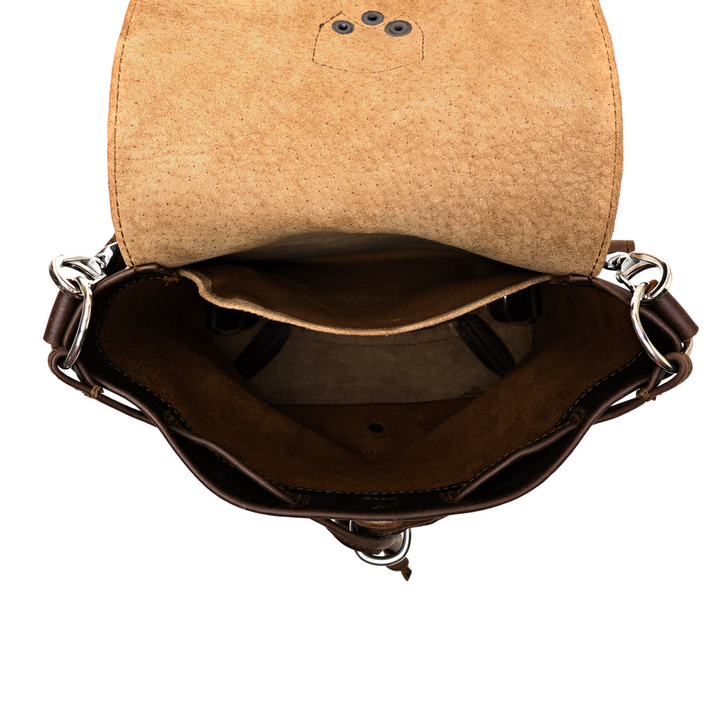 10" Convertible Crossbody in Dark Coffee Brown, top view open and empty showing suede lining and interior pockets