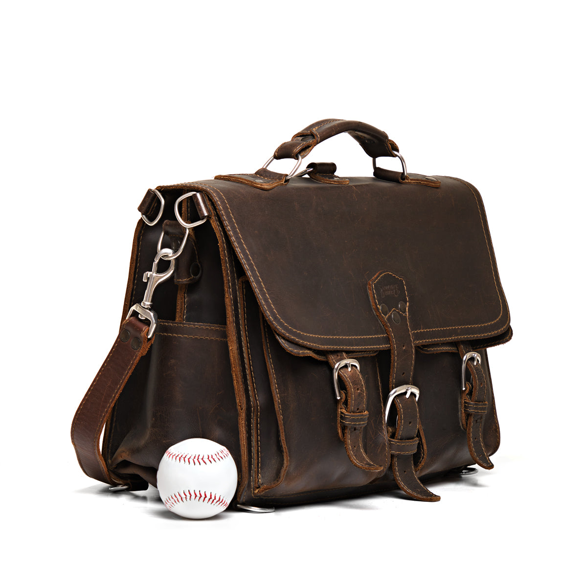 Front Pocket Leather Briefcase in Dark Coffee Brown, angled front view beside a baseball for size comparison