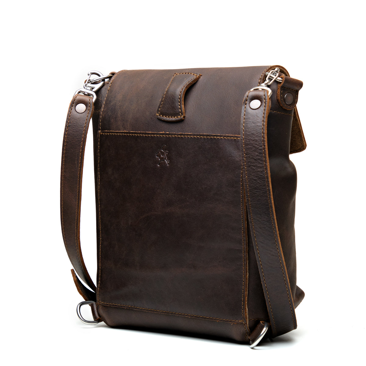10" Convertible Crossbody in Dark Coffee Brown, angled back view with slip pocket and shoulder strap