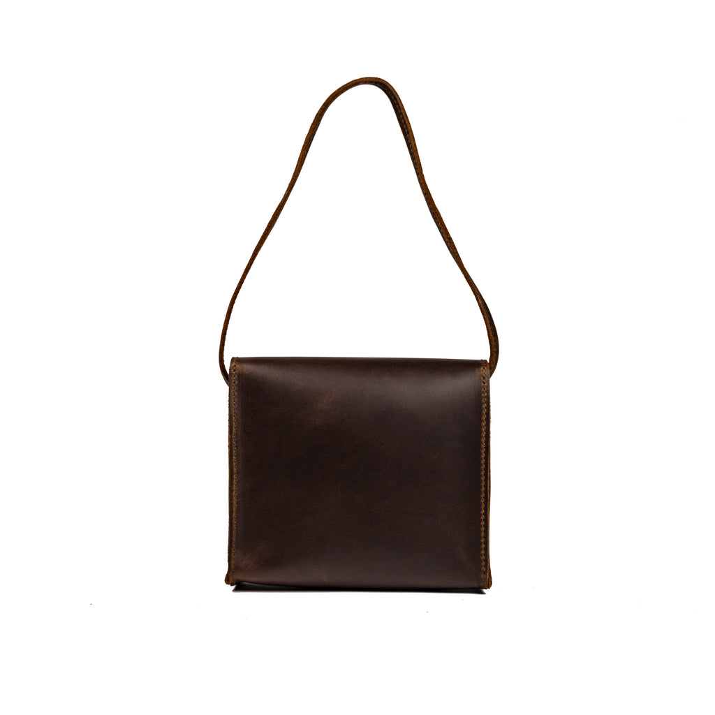 Leather Organizer Bag in Dark Coffee Brown, back view hanging from its leather strap