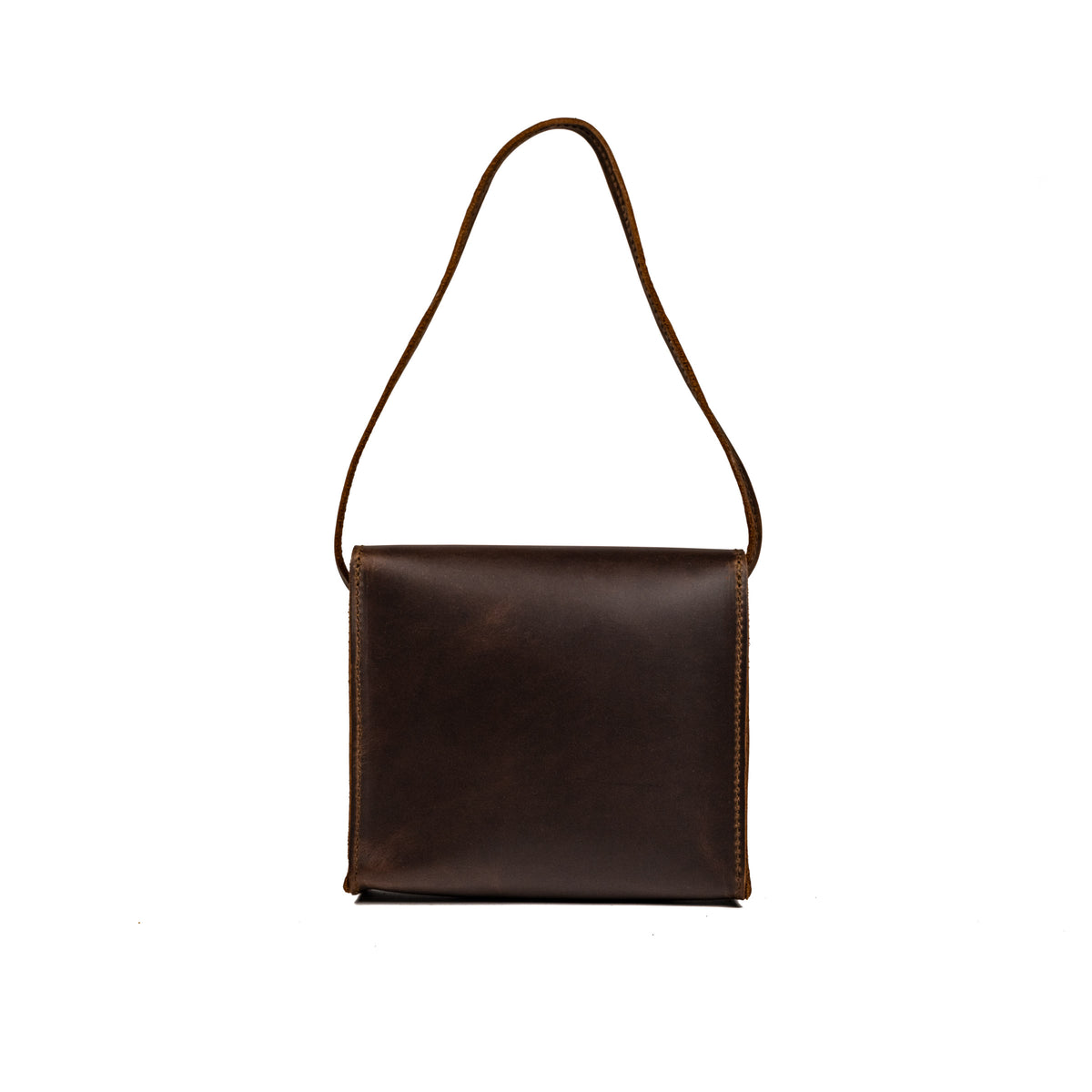 Leather Organizer Bag in Dark Coffee Brown, back view hanging from its leather strap