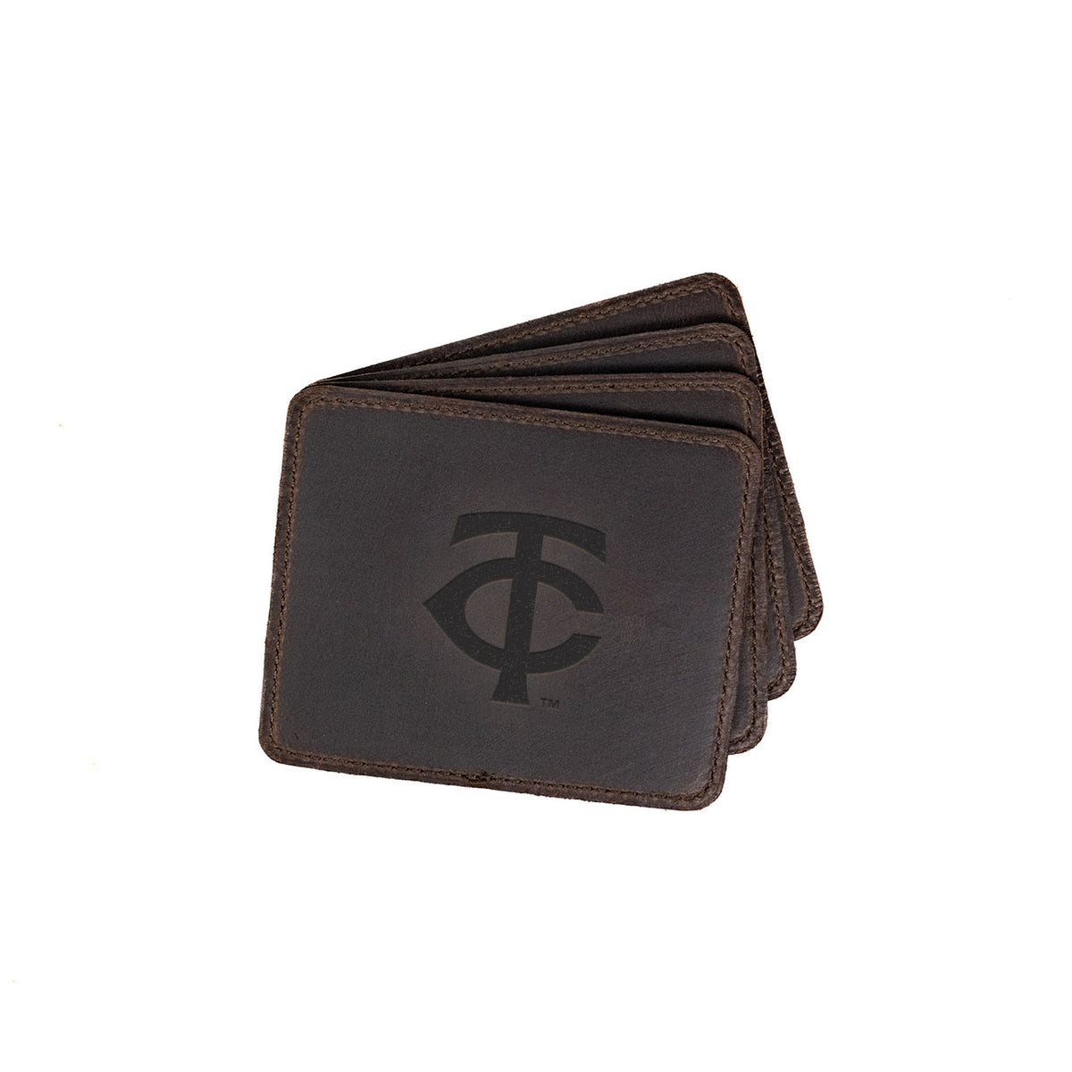 Minnesota Twins Leather Coaster Set in Dark Coffee Brown, four fanned coasters with embossed TC logo