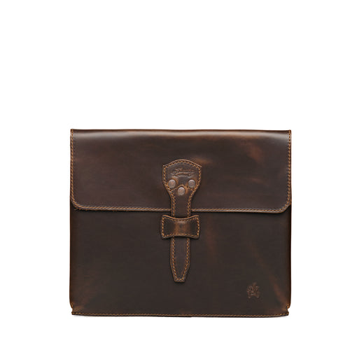 14" Document Holder in Dark Coffee Brown, front view with flap and riveted tab closure