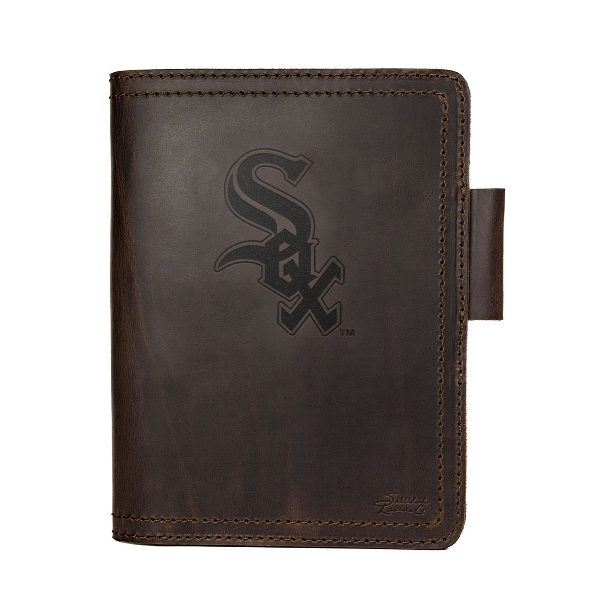 Leather Journal Cover - Chicago White Sox in Dark Coffee Brown, front cover with embossed White Sox logo and pen loop