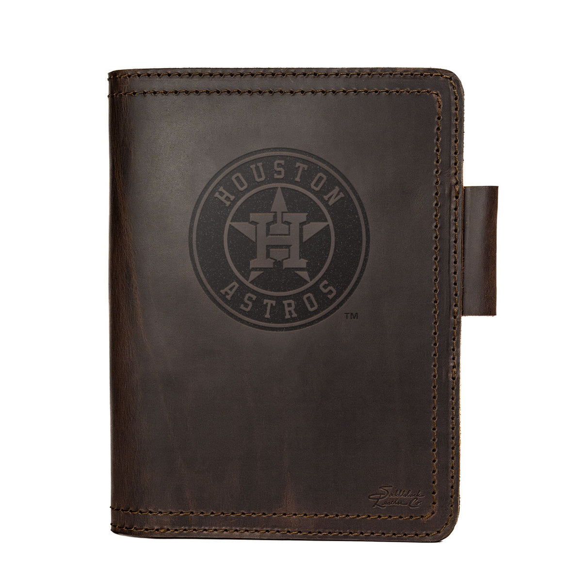 Leather Journal Cover - Houston Astros in Dark Coffee Brown, front cover with embossed Astros star logo and pen loop