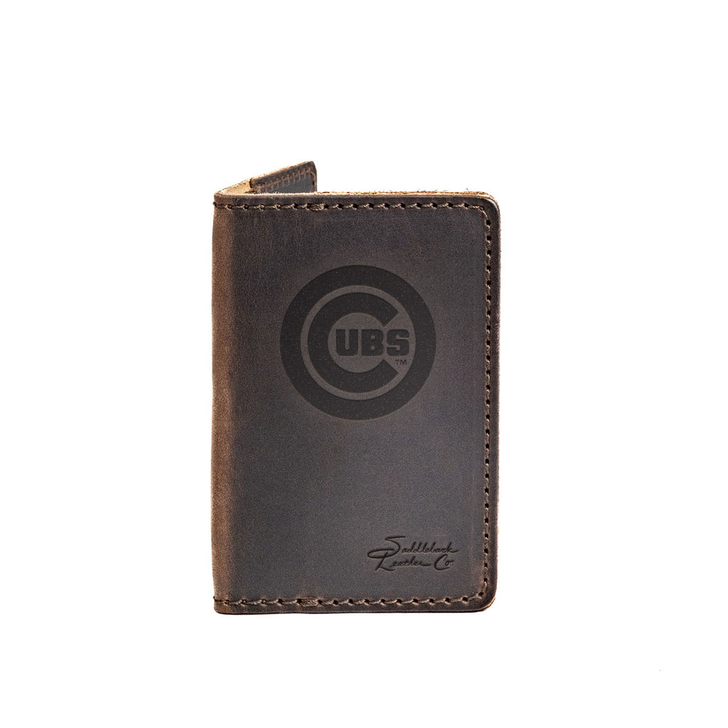 Leather Business Card Holder in Dark Coffee Brown with embossed Chicago Cubs bullseye logo, card peeking out
