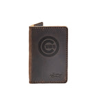 Leather Business Card Holder in Dark Coffee Brown with embossed Chicago Cubs bullseye logo, card peeking out