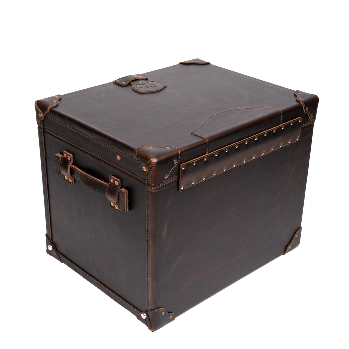 Leather Small Trunk in Dark Coffee Brown, closed back view showing riveted hinge strap, side handle and corner guards