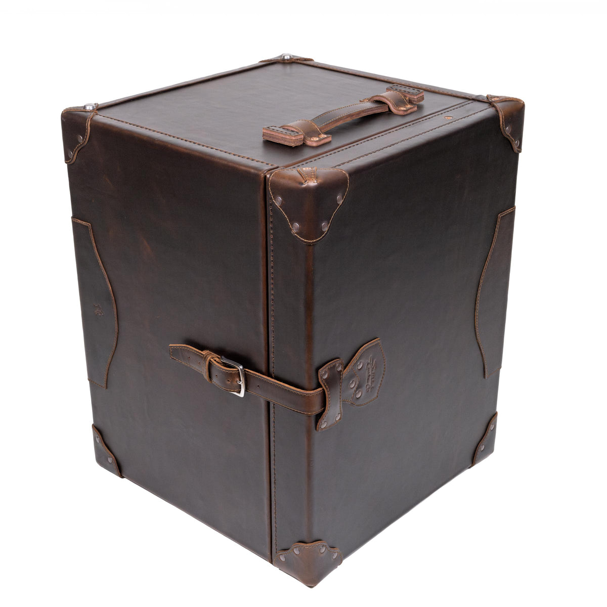 Leather Small Trunk in Dark Coffee Brown, standing upright and closed with top handle, buckled strap and corner guards