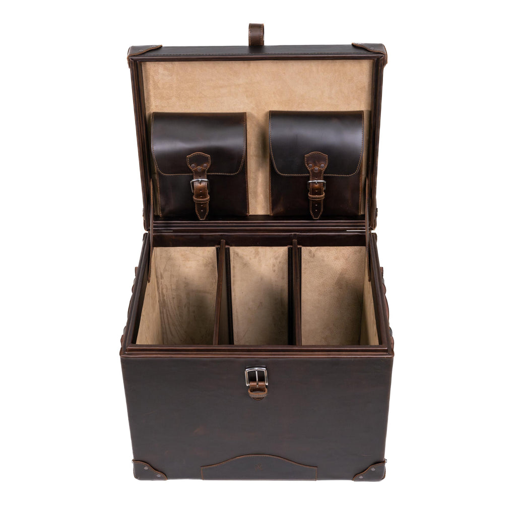 Leather Small Trunk in Dark Coffee Brown, open front view with organizer dividers and two buckled lid pockets