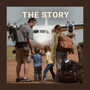 The Story: a man and a woman carrying leather bags walk two small children toward a propeller plane on a dirt airstrip