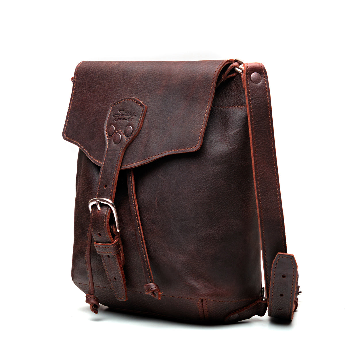 10" Convertible Crossbody in Chestnut, angled front view with buckled flap and strap
