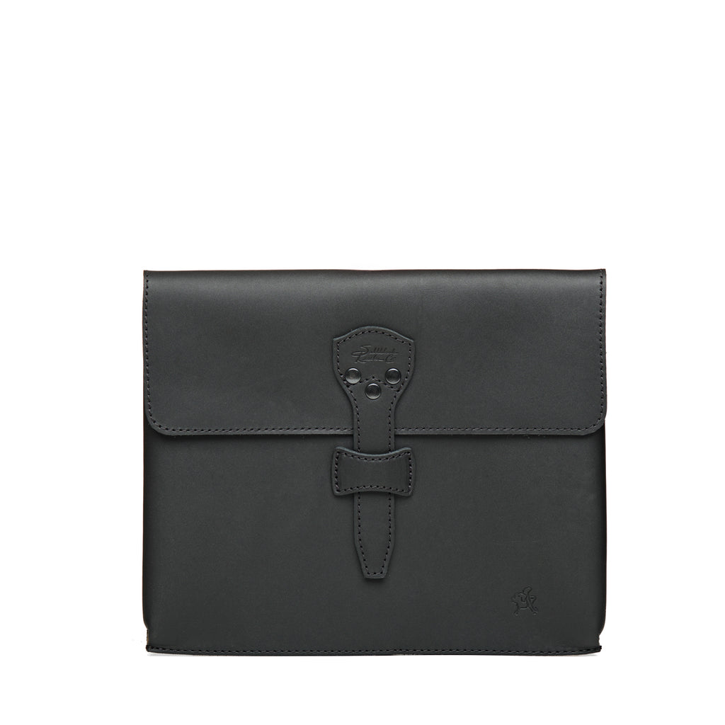 14" Document Holder in Black, front view with flap and riveted tab closure