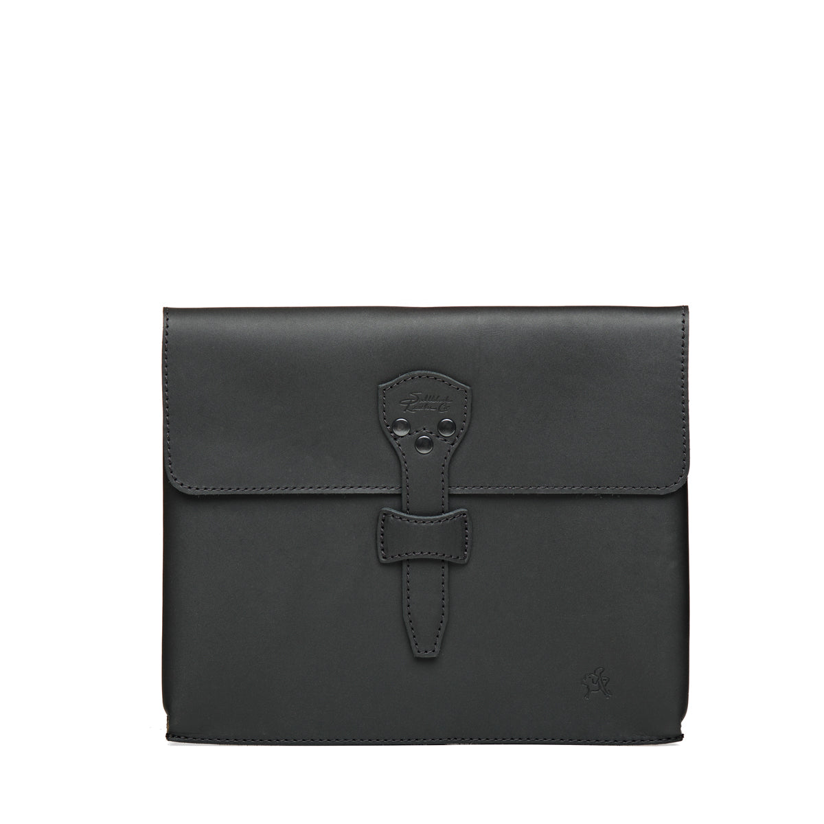 14" Document Holder in Black, front view with flap and riveted tab closure