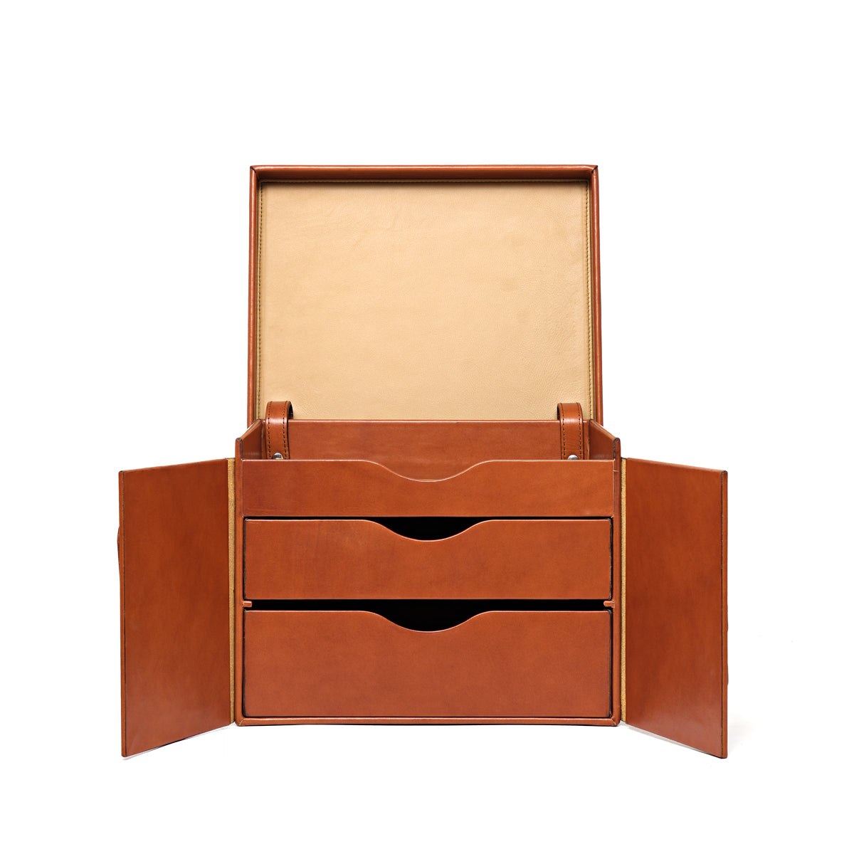 Churchill Case in English Tan, front view with lid and double doors open revealing three trays