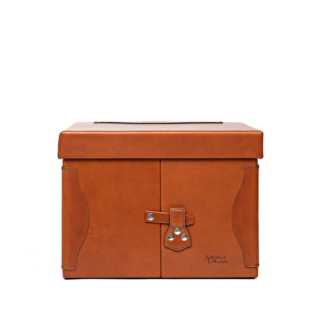 Churchill Case in English Tan, closed front view showing the lid and latched double doors