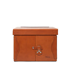 Churchill Case in English Tan, closed front view showing the lid and latched double doors