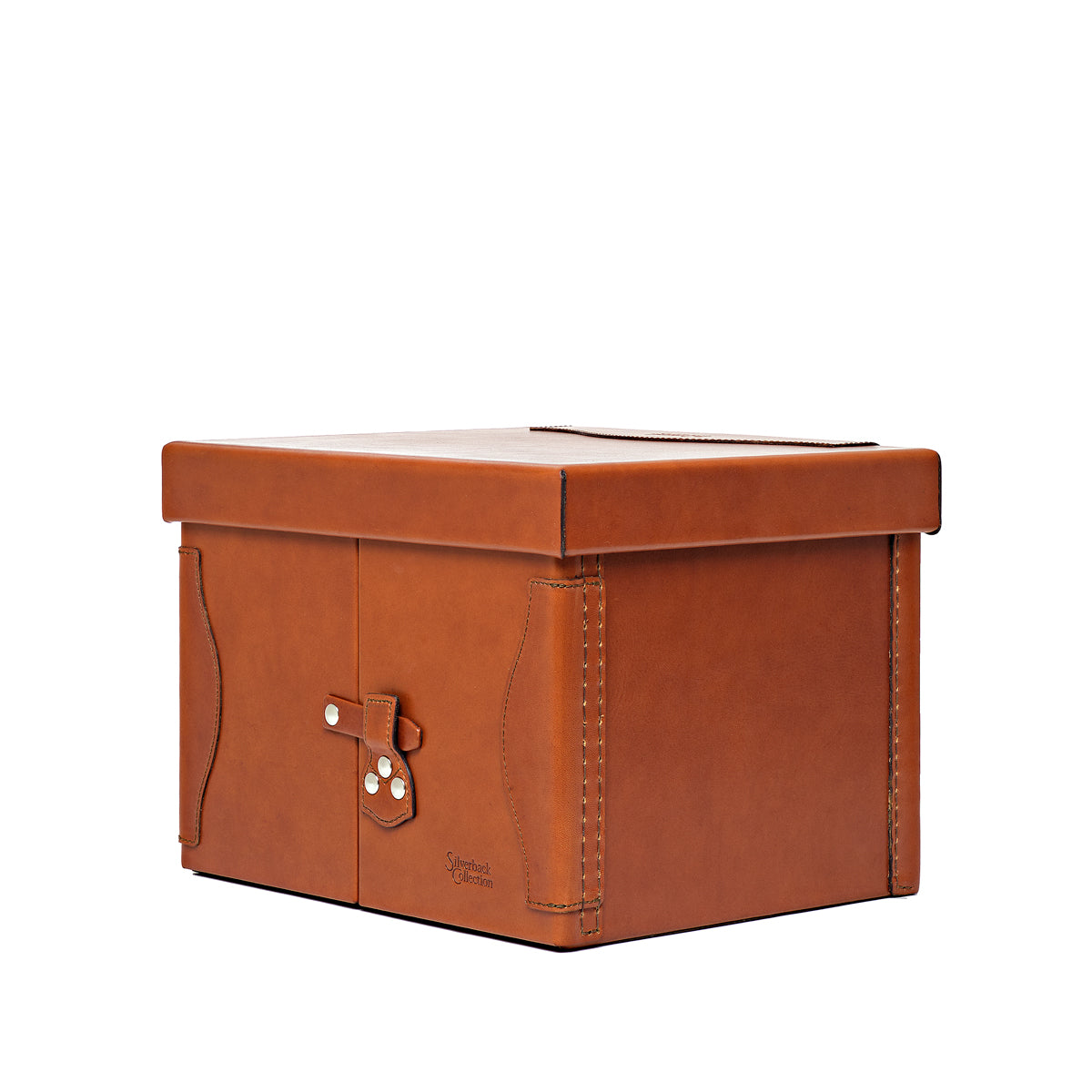 Churchill Case in English Tan, closed angled side view with lid and latched doors