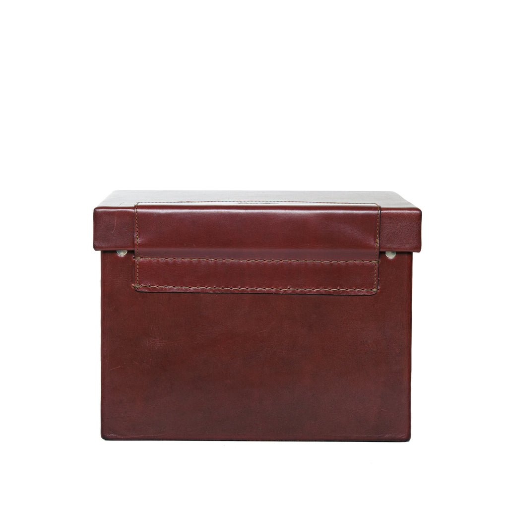 Churchill Case in Oxblood, back view showing the lid hinge strap