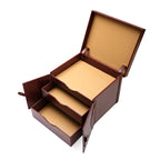 Churchill Case in Oxblood, angled view with lid and doors open showing three tan-lined trays