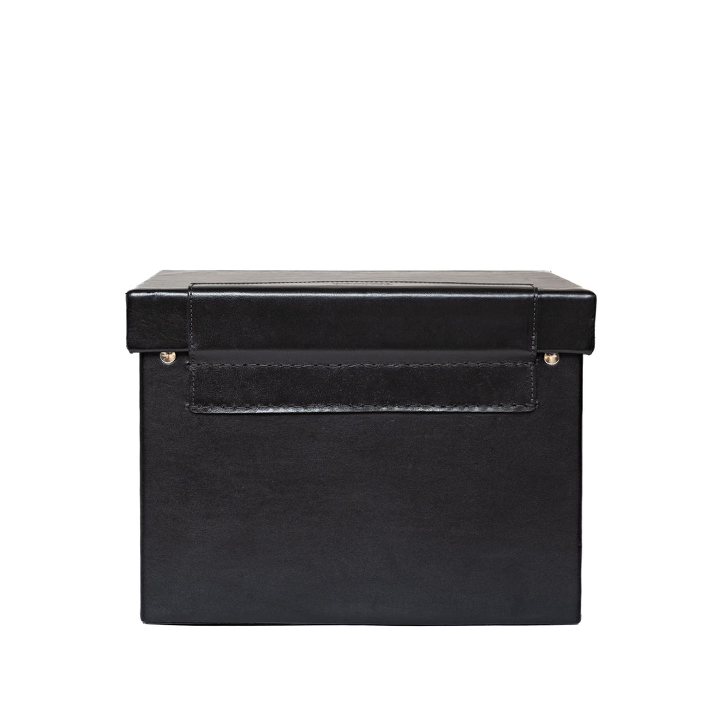 Churchill Case in Raven Black, back view showing the lid hinge strap