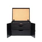 Churchill Case in Raven Black, front view with lid and double doors open revealing three trays