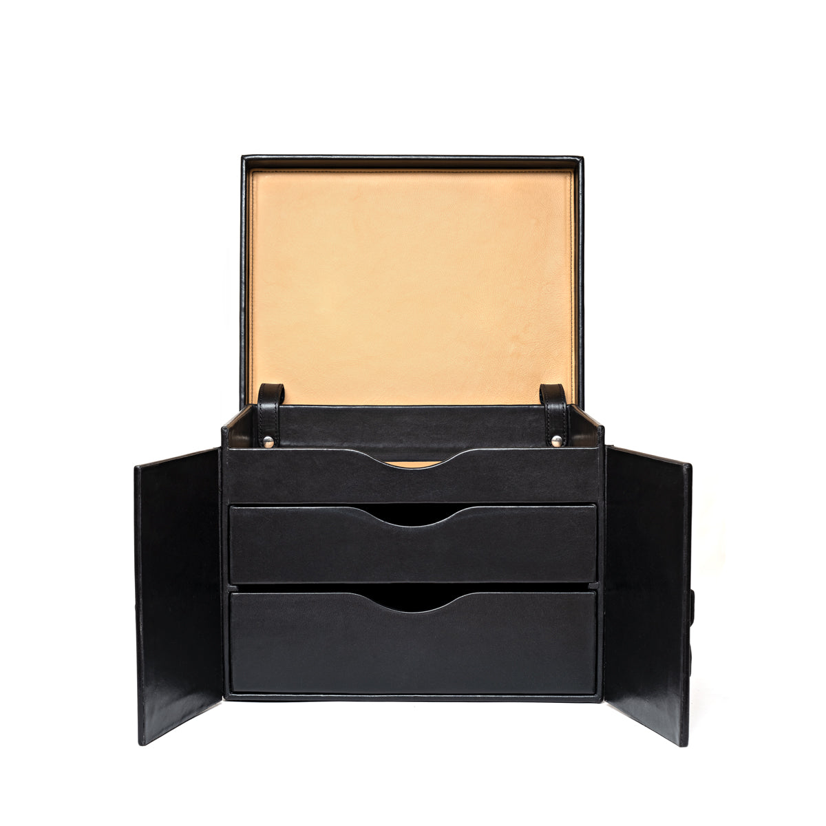 Churchill Case in Raven Black, front view with lid and double doors open revealing three trays