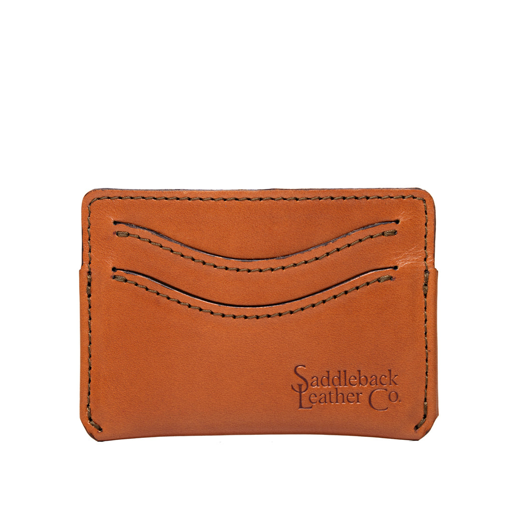 Newton Wallet in English Tan, front view with two curved card slots and debossed logo