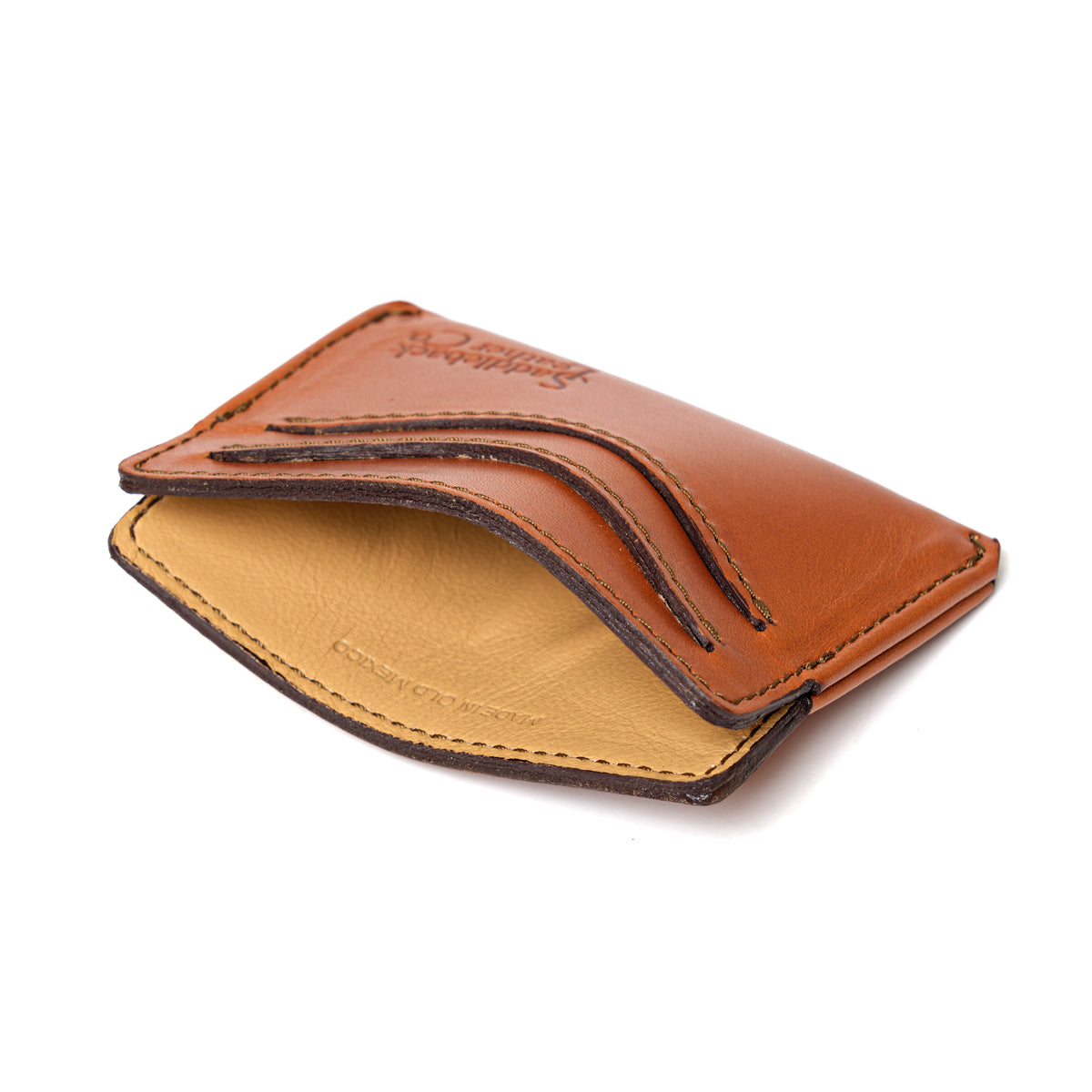 Newton Wallet in English Tan, angled side view showing the tan interior and curved card slots