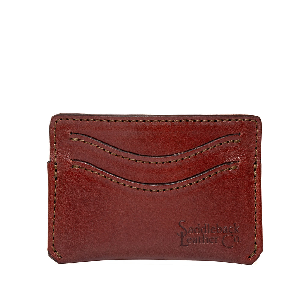 Newton Wallet in Oxblood, front view with two curved card slots and debossed logo