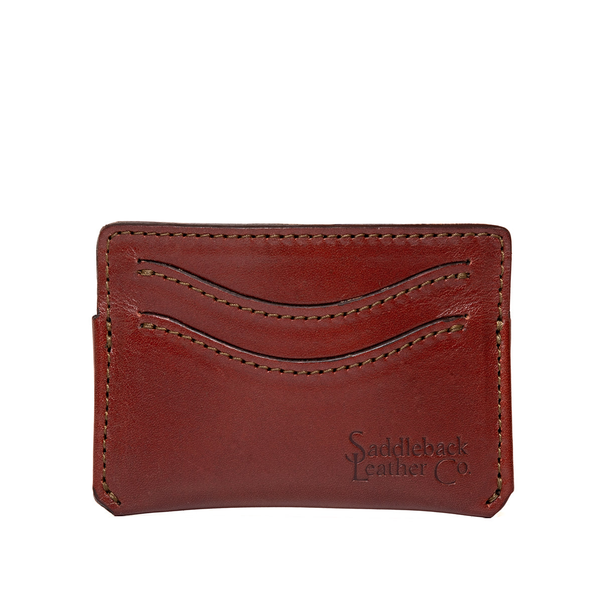 Newton Wallet in Oxblood, front view with two curved card slots and debossed logo