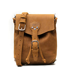 10" Convertible Crossbody in Tobacco, front view with buckled flap, drawstring ties and strap