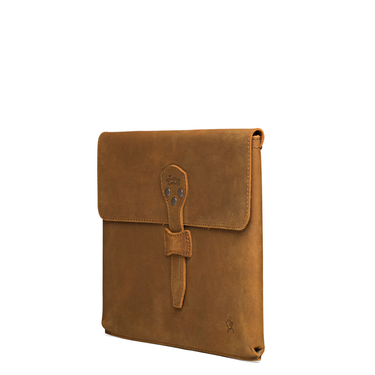 14" Document Holder in Tobacco, angled front view with flap and riveted tab closure