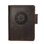 Leather Journal Cover - Seattle Mariners in Dark Coffee Brown, front cover with embossed Mariners compass logo and pen loop