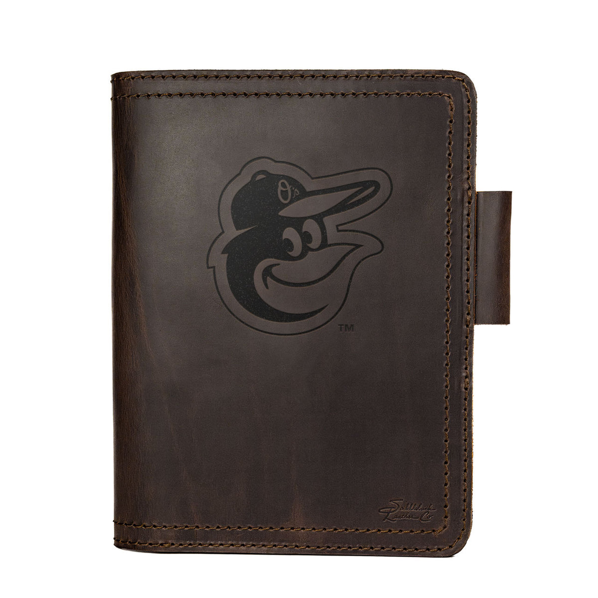 Leather Journal Cover - Baltimore Orioles in Dark Coffee Brown, front cover with embossed Orioles bird logo and pen loop