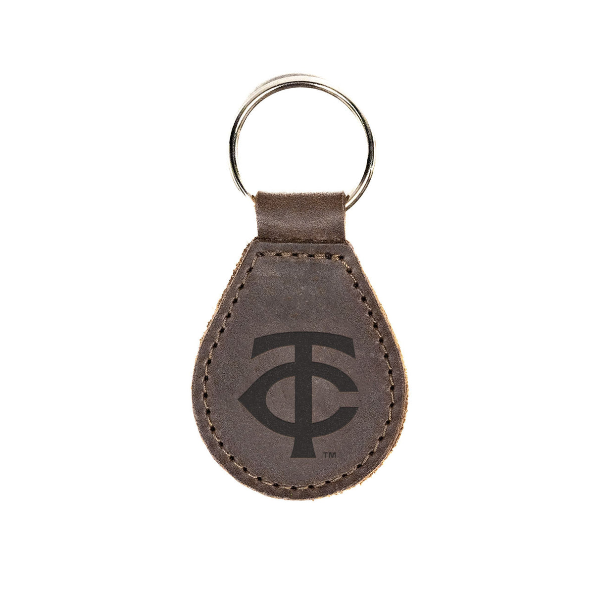 Minnesota Twins Leather Keychain in Dark Coffee Brown with TC logo and silver key ring, front view