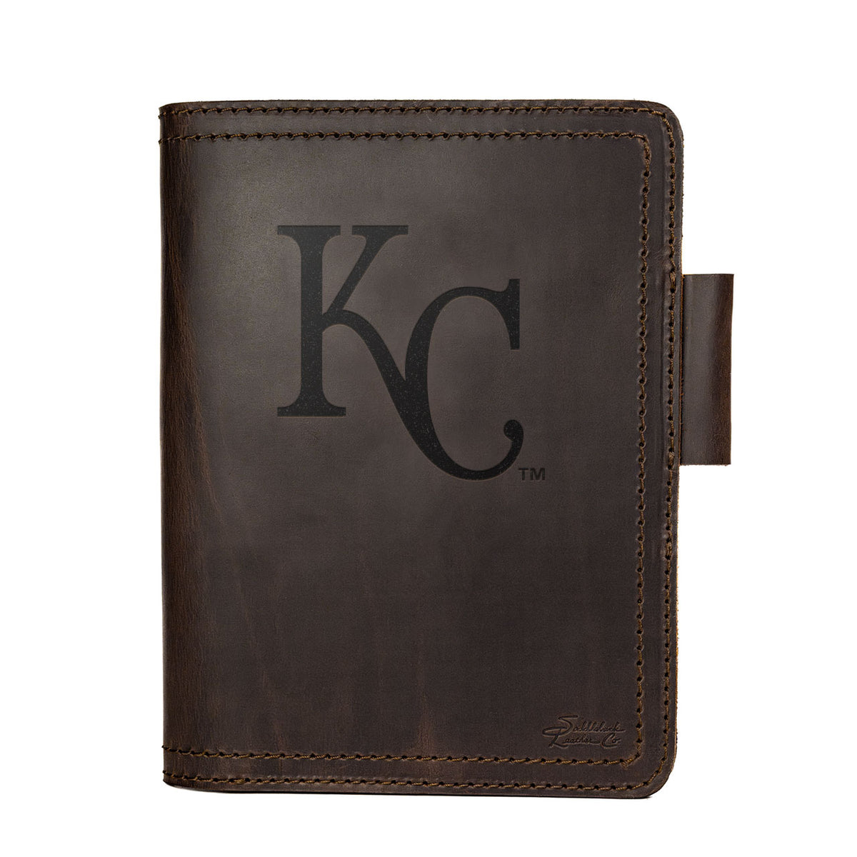 Leather Journal Cover - Kansas City Royals in Dark Coffee Brown, front cover with embossed Royals KC logo and pen loop