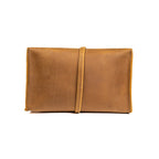 Large Leather Organizer Bag in Tobacco, back view with leather tie wrapped around