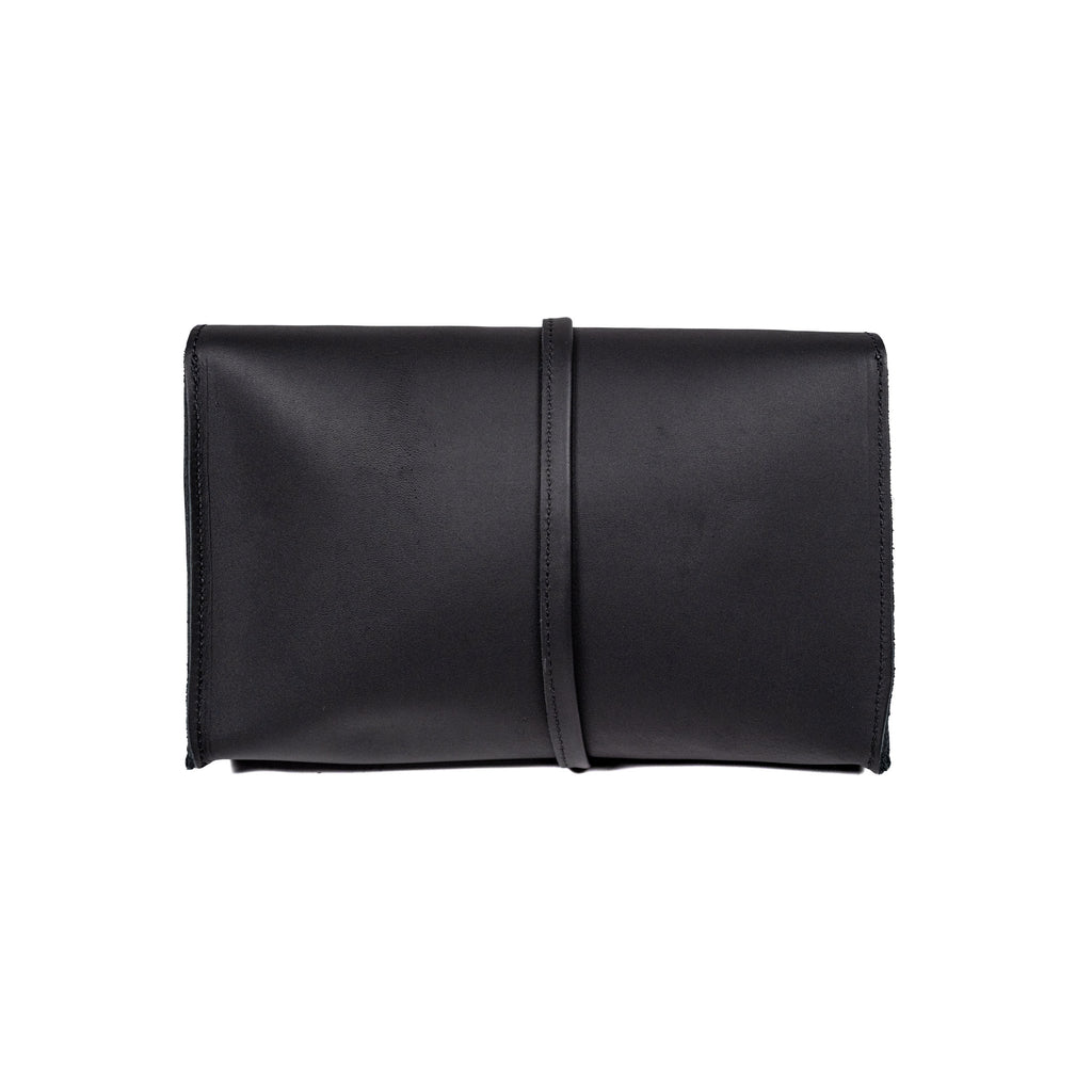Large Leather Organizer Bag in Black, back view with leather tie wrapped around