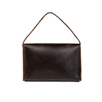Large Leather Organizer Bag in Dark Coffee Brown, back view with leather tie looped up as a carry handle